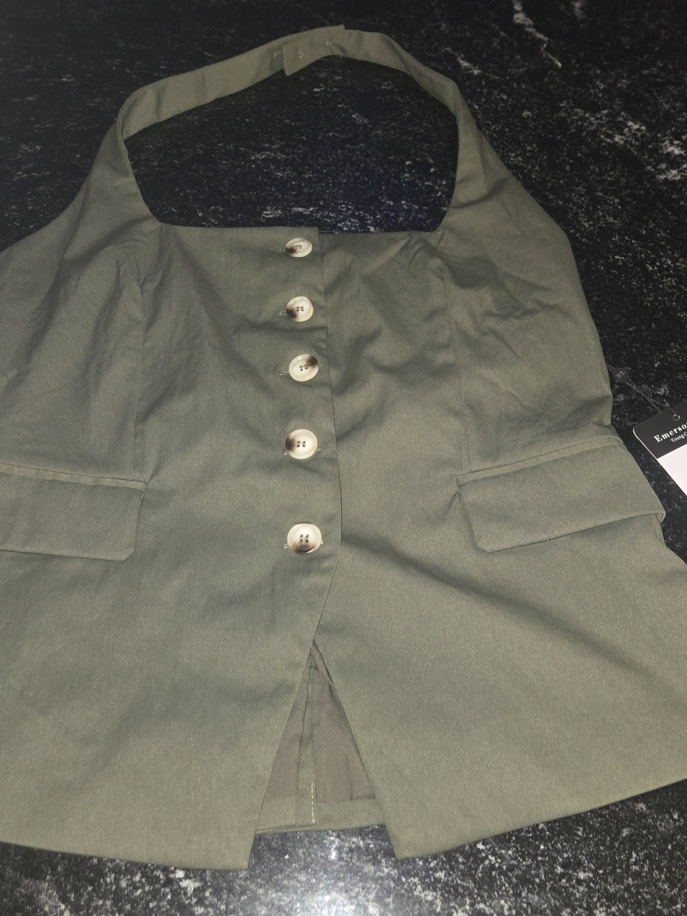 Olive Halter Button-Front Vest with Notch Detail